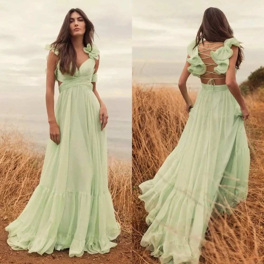 Mac Duggal 67911 Light Green Ruffle Tiered Cut-Out Chiffon Gown Size 6 NWT